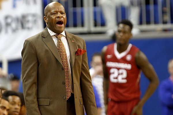 Arkansas head coach Mike Anderson shouts out during an NCAA college basketball game against Florida at the Stephen C. O'Connell Center, Saturday, Jan. 31, 2015, in Gainesville, Fla. (AP Photo/The Gainesville Sun, Matt Stamey)