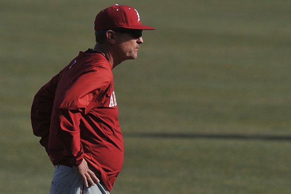 Arkansas coach Dave Van Horn watches practice Wednesday, Jan. 28, 2015 at Baum Stadium in Fayetteville. 