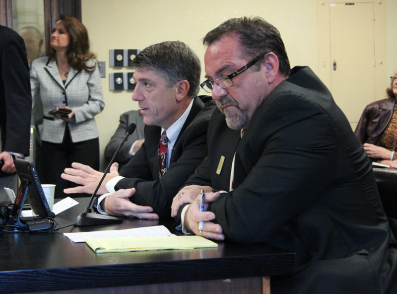 Rep. Kelley Linck, R-Flippin, left, and Rep. Joe Farrer, R-Austin, present a bill that would a task force to reform the state's Medicaid system during a meeting Tuesday of the House Committee on Public Health, Welfare and Labor.