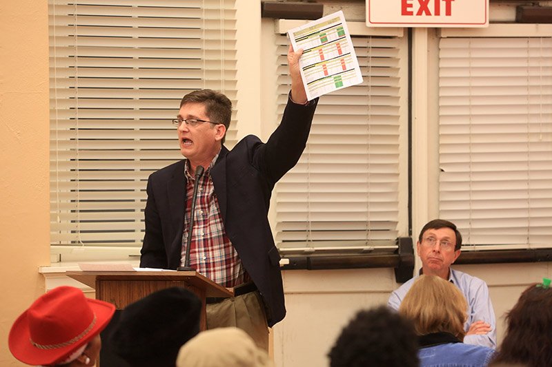 Jim Ross, Little Rock School District board member, holds up a graphic of test scores as he speaks to a full house during a forum meeting to discuss the possible takeover of the LRSD by the state Board of Education. The forum was held at the Willie Hinton Neighborhood Resource Center. Sam Ledbetter (facing, right) state Board of Education chairman, was also present.