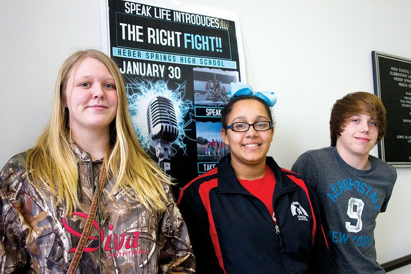 From left, Lena Tvedten, Alexis Brown and Zach Owens from Heber Springs Speak Life are just a few of the students working on the objective to end bullying in schools. Speak Life held an assembly Friday, and the students will be working with school administrators to promote a positive learning environment.
