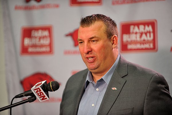 Arkansas coach Bret Bielema speaks during a news conference Wednesday, Feb. 4, 2015, at the Fred W. Smith Center in Fayetteville. 