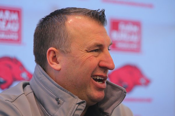 Bret Bielema talks with the media during the Razorback Football Signing Day event Thursday, Feb. 5, 2015, in LIttle Rock.