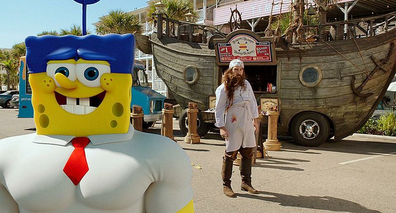 SpongeBob SquarePants (voice of Tom Kenny) and a mysterious pirate known only as Burger Beard (Antonio Banderas) invade the mainland in the 3-D live-action/animated hybrid The SpongeBob Movie: Sponge Out of Water.