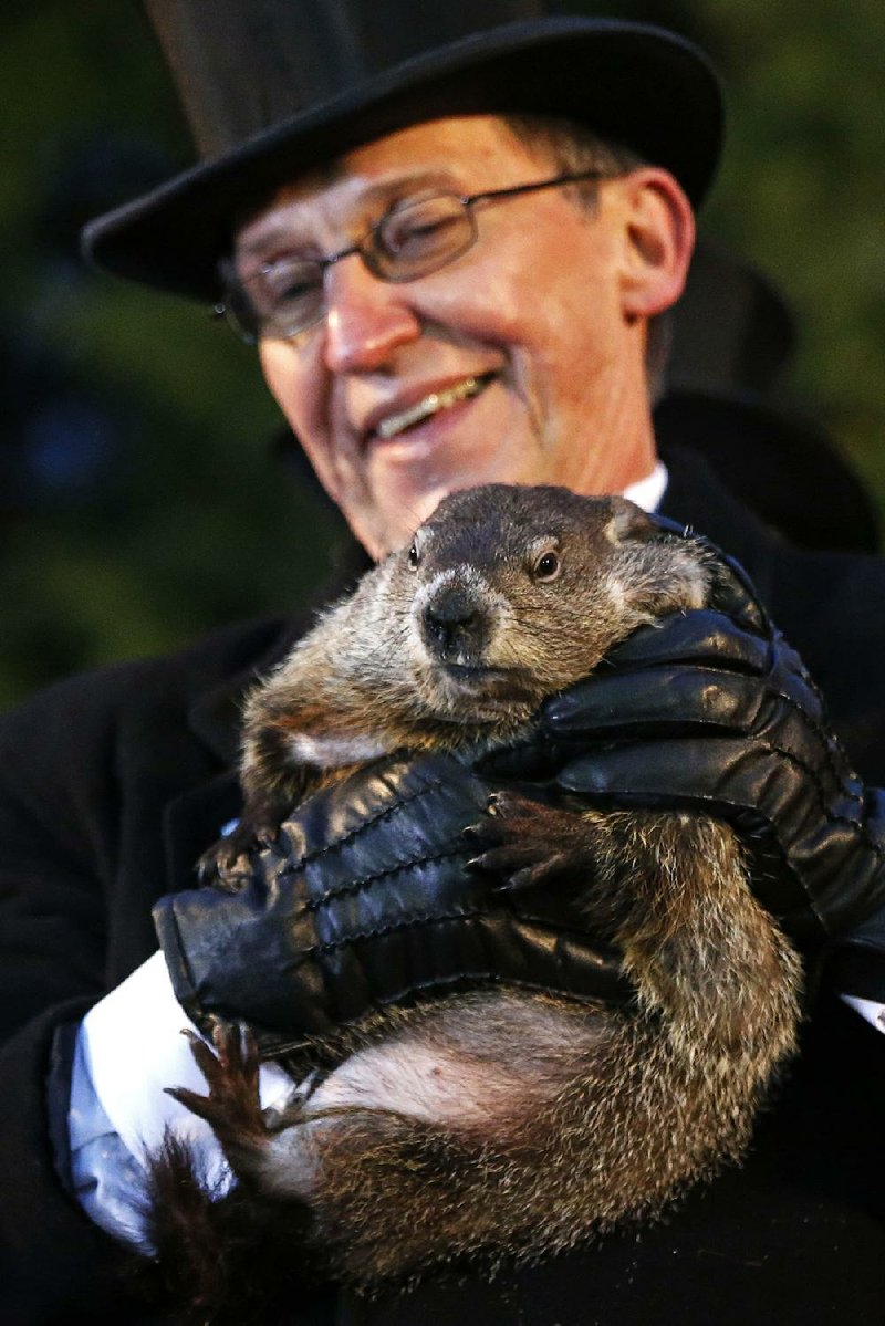 Groundhog Club handler Ron Ploucha holds Punxsutawney Phil, the weather prognosticating groundhog, during the 129th celebration of Groundhog Day on Gobbler's Knob in Punxsutawney, Pa. Monday, Feb. 2, 2015. Phil saw his shadow, predicting six more weeks of winter weather. (AP Photo/Gene J. Puskar)