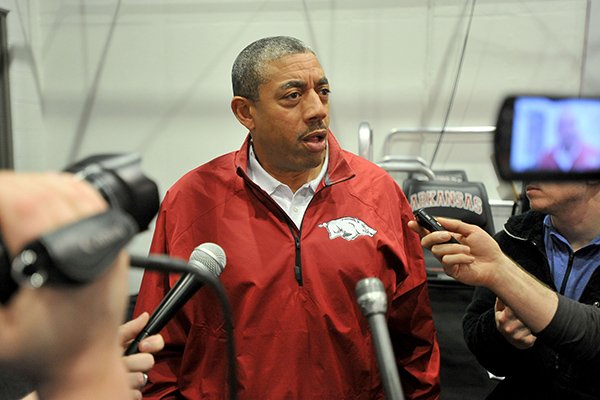 Arkansas linebackers coach Vernon Hargreaves speaks to reporters on Wednesday, Feb. 4, 2015, at the Fred W. Smith Center in Fayetteville. 