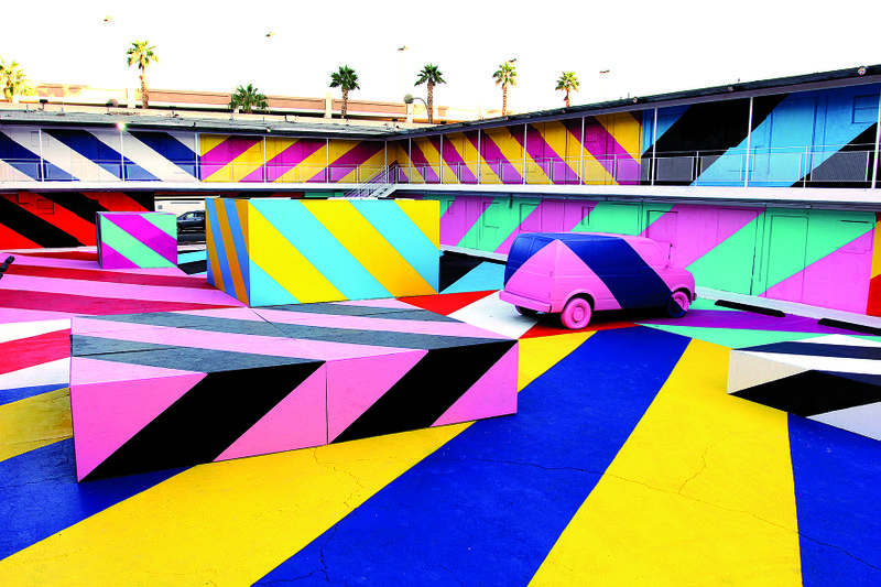 In October, as part of the Life Is Beautiful music and art festival, Maser led a team in completely covering a Las Vegas motel. It took a week of work and more than 50 gallons of paint.