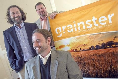 Arkansas Democrat-Gazette/BENJAMIN KRAIN --2/5/15--
Grainster.com founders Layne Fortenberry, left, Cotton Rohrscheib, right, and Stephen Gantz, bottom, have big aspirations for their website which connects grain buyers with grain sellers and producers.