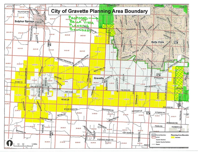 Submitted This map provided by the Bella Vista Planning Commission shows the proposed Bella Vista Planning Boundary in green. Planning boundaries establish and define parameters for what a city controls in regard to its development. Planners have said it is crucial for the city to get planning boundaries cemented in order to address other issues regarding planning and development.