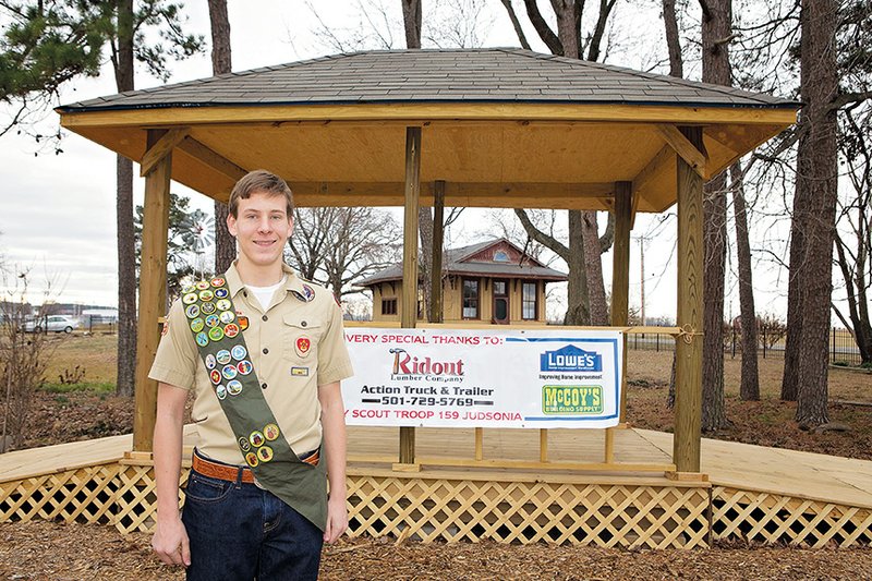 Bobby Skinner stands inside the gazebo that he planned and built as part of the requirements to become an Eagle Scout. The gazebo, at Pioneer Village in Searcy, was constructed to honor veterans.