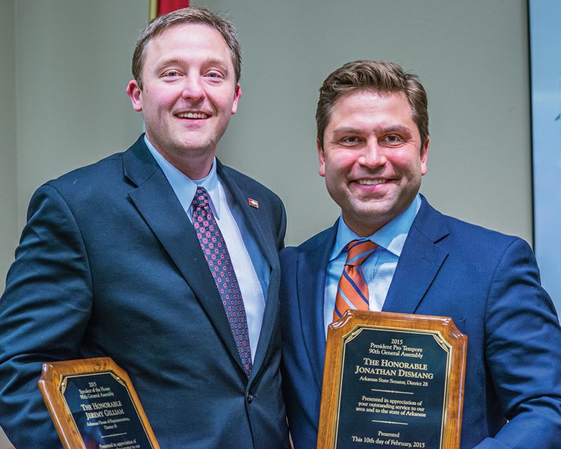 Speaker of the Arkansas House of Representatives Jeremy Gillam, left, is shown with President Pro Tempore Jonathan Dismang.
