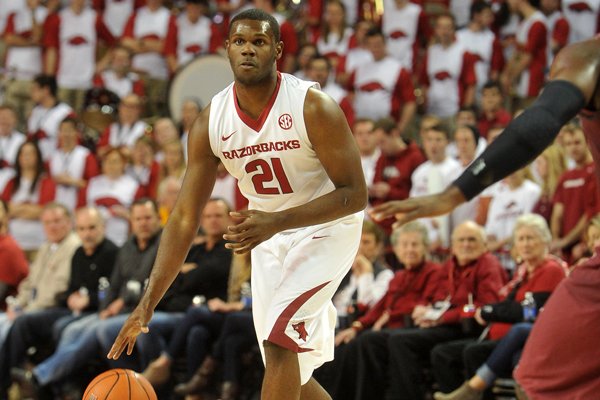 Arkansas guard Manuale Watkins brings the ball up court during the first half against South Carolina on Feb. 3, 2014, at Bud Walton Arena in Fayetteville.