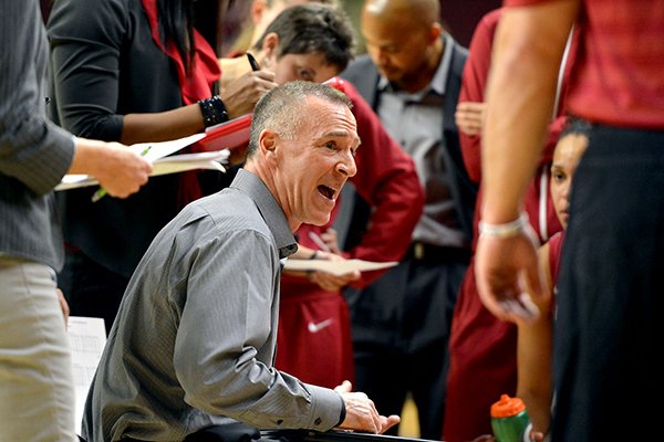 Arkansas coach Jimmy Dykes talks out a play with his team during a timeout in the first half against Texas A&M in an NCAA college basketball game Thursday, Feb. 12, 2015, in College Station, Texas. Texas A&M won 59-55. (AP Photo/The Bryan-College Station Eagle, Sam Craft)