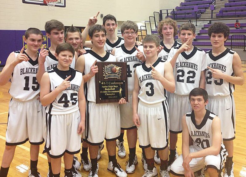 Jr. high Blackhawk boys basketball team won the District Championship; they won the game against Prairie Grove Saturday 44-40 in the District Tournament.