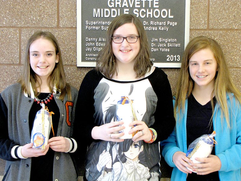 Submitted Photo February Students of the Month at Gravette Middle School are Austyn Russell, seventh grade; Amy Whiteside, eighth grade; and Brittany May, sixth grade.