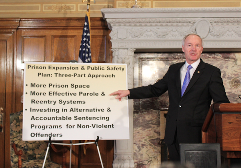 Gov. Asa Hutchinson lays out his plans for the state prison system Wednesday, Feb. 18, 2015, at the state Capitol in Little Rock.