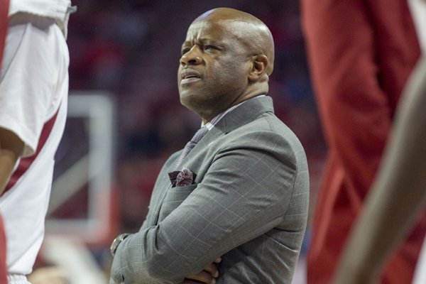 Arkansas head coach Mike Anderson looks on after calling a timeout during the second half of an NCAA college basketball game against Missouri on Wednesday, Feb. 18, 2015, in Fayetteville, Ark. (AP Photo/Gareth Patterson)