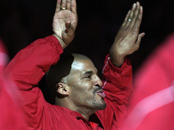 Corliss Williamson is introduced during a halftime ceremony on Saturday, March 2, 2009, at Bud Walton Arena in Fayetteville. (William Moore/Arkansas Democrat-Gazette)