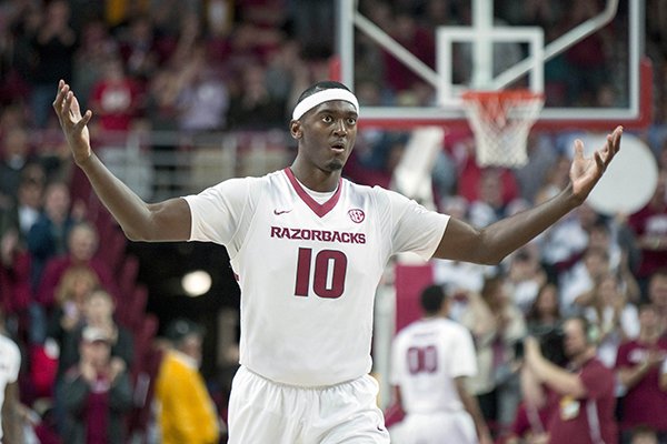 Arkansas forward Bobby Portis, center, celebrates after a Missouri turnover during the first half of an NCAA college basketball game on Wednesday, Feb. 18, 2015, in Fayetteville, Ark. (AP Photo/Gareth Patterson)