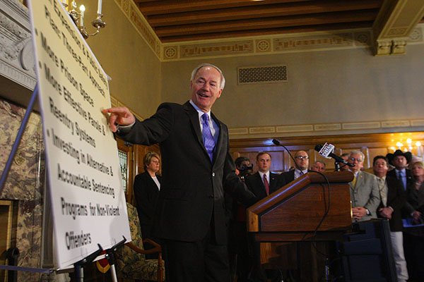 Arkansas Democrat-Gazette/STEPHEN B. THORNTON
Gov. Asa Hutchinson goes over a list of his three major ideas to address prison overcrowding as he unveils his prison expansion and public safety plan Wednesday at the State Capitol in Little Rock.