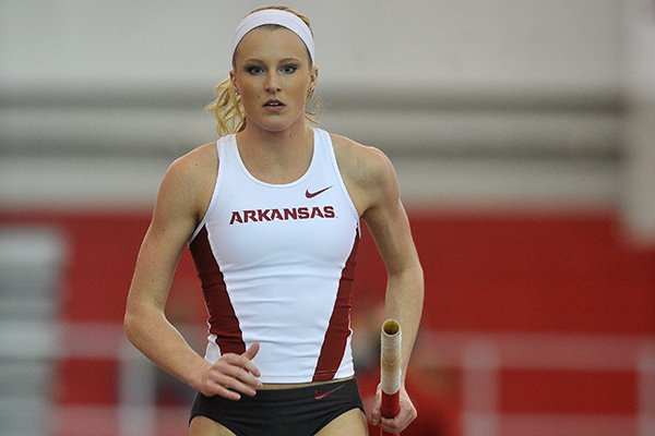 Arkansas pole vaulter Sandi Morris warms up during the Razorback Invitational on Friday, Jan. 30, 2015, at Randal Tyson Track Center in Fayetteville. 