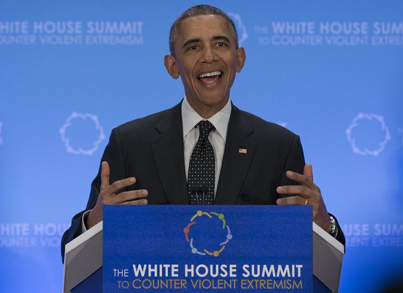 President Barack Obama speaks at the Countering Violent Extremism Summit, Thursday, Feb. 19, 2015, at the State Department in Washington. The White House is conveying a three-day summit to bring together local, federal, and international leaders to discuss steps the US and its partners can take to develop community-oriented approaches to counter extremist ideologies that radicalize, recruit and incite to violence.