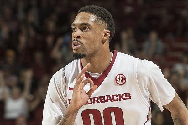 Arkansas guard Ky Madden reacts after hitting a 3-pointer during a game against Tennessee on Tuesday, Jan. 27, 2015, at Bud Walton Arena in Fayetteville. 