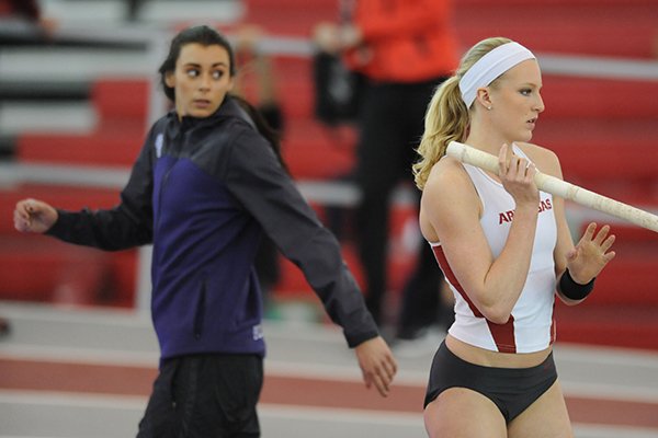 Sandi Morris of Arkansas (right) and Demi Payne of Stephen F. Austin compete in the during the Arkansas Open Saturday, Feb. 21, 2015, at the Randal Tyson Track Center in Fayetteville.