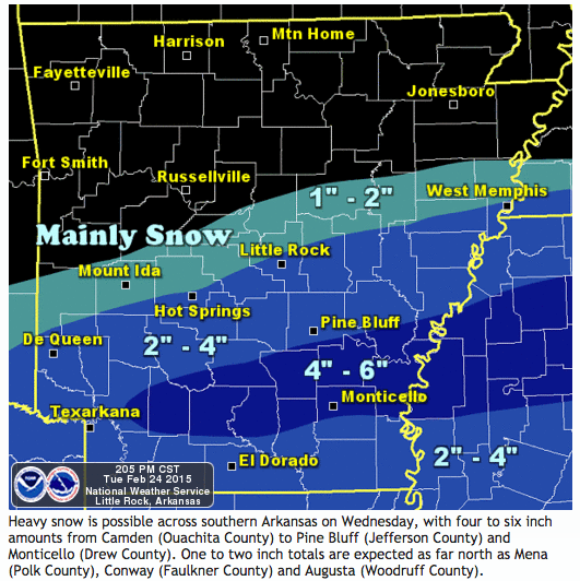 This National Weather Service graphic shows expected snow totals Wednesday in Arkansas.