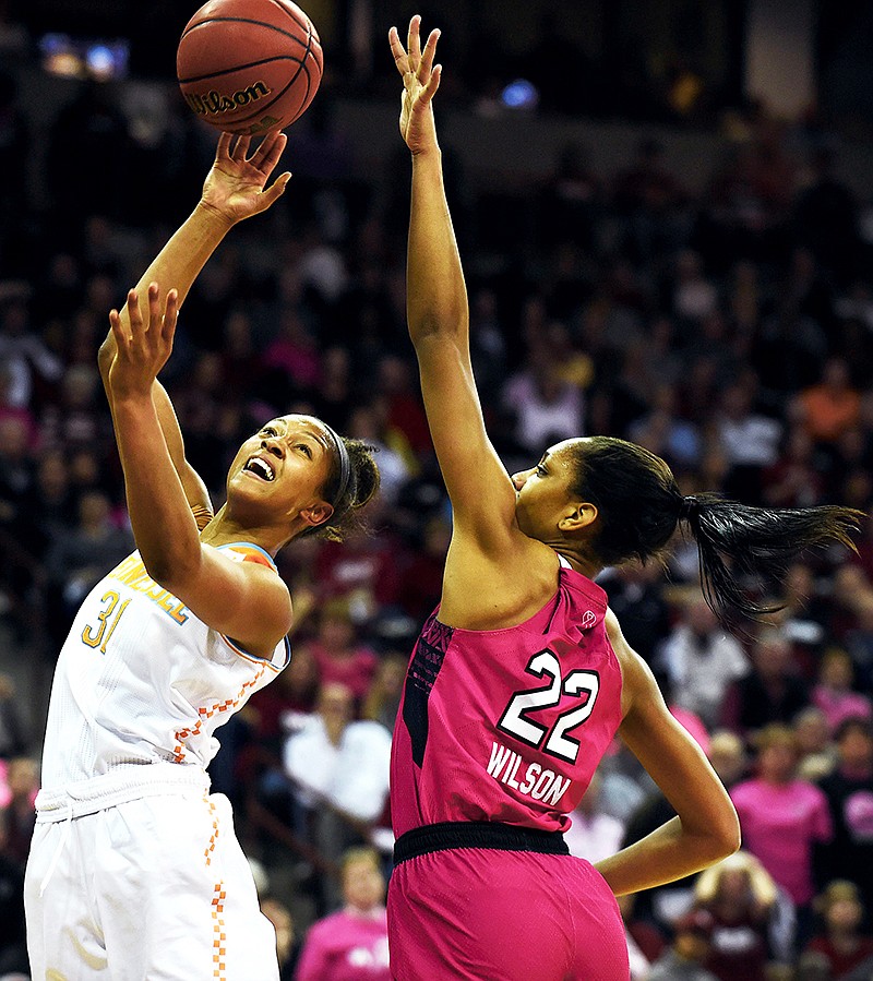 Tennessee guard Jaime Nared (31) takes a shot as South Carolina guard A'ja Wilson (22) defends during the first half of Monday night's Southeastern Conference game in Columbia, S.C. The second-ranked lady