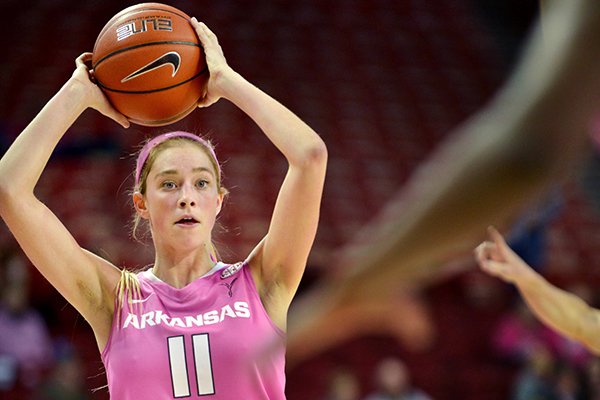 Arkansas guard Calli Berna looks to pass the ball during a game against LSU on Sunday, Feb. 22, 2015, at Bud Walton Arena in Fayetteville. 