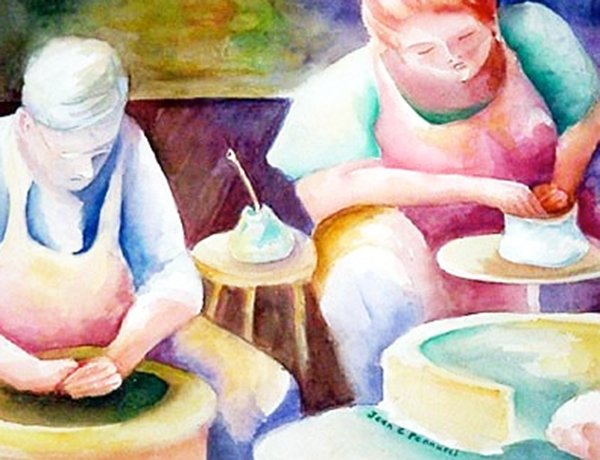 Submitted photo CREATIVE COHORTS: "The Potters" is a watercolor by Little Rock artist Jean Pennucci. Her work will be featured during March in the Artists' Workshop Gallery, 610-A Central Ave.