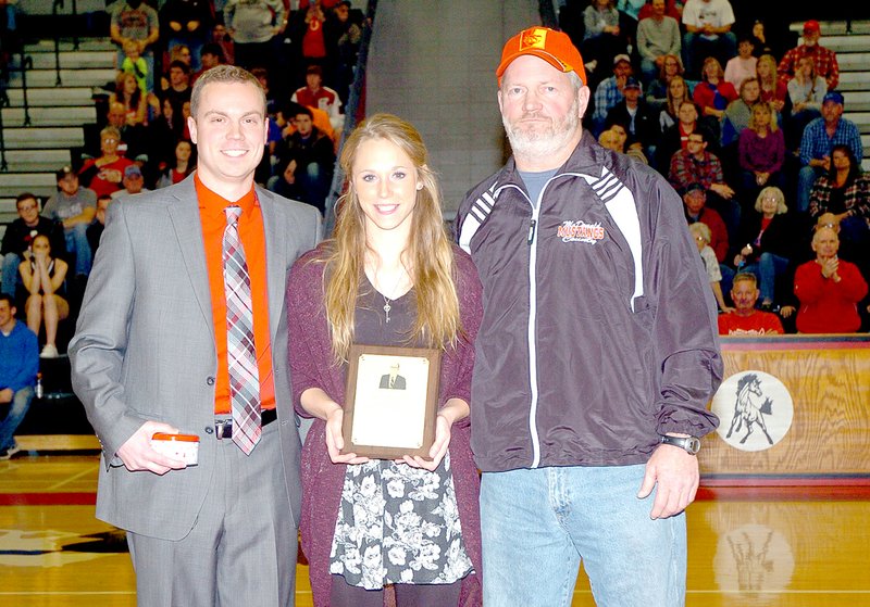 RICK PECK MCDONALD COUNTY PRESS Courtni Smith, a 2014 graduate of McDonald County High School, was presented the Aldo Sebben award during a recent basketball game at MCHS by Bruce Stancell (right), head track coach, and Trent Barratt, event coach.