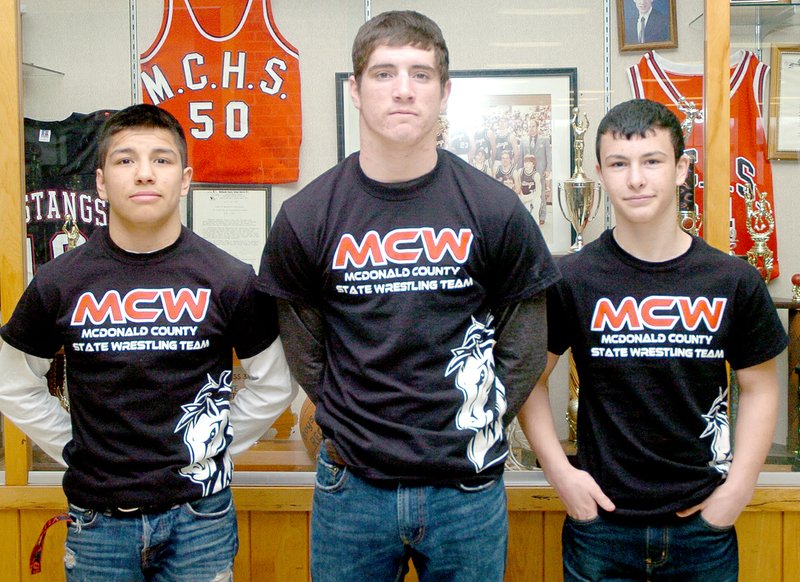 RICK PECK MCDONALD COUNTY PRESS Three members of the McDonald County High School wrestling team earned medals at last week&#8217;s state wrestling tournament. From left to right: Daniel DeSantiago (fifth), Josh Kinser (fourth) and Jakob Gerow (sixth).
