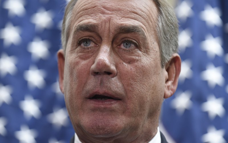 House Speaker John Boehner of Ohio speaks to reporters following a meeting on Capitol Hill in Washington, Wednesday, Feb. 25, 2015. Boehner said he's waiting for the Senate to act on legislation to fund the Homeland Security Department ahead of Friday's midnight deadline.