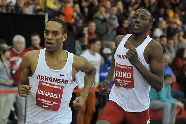 Arkansas runners Kemoy Campbell (left) and Patrick Rono compete Friday, Jan. 16, 2015, at Randal Tyson Track Center in Fayetteville.