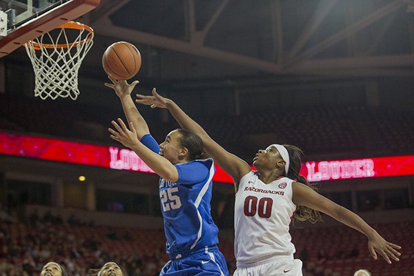Kentucky guard Makayla Epps, left, drives past Arkansas guard Jessica Jackson, right, during the first half of an NCAA college basketball game Thursday, Feb. 26, 2015, in Fayetteville, Ark. (AP Photo/Gareth Patterson)