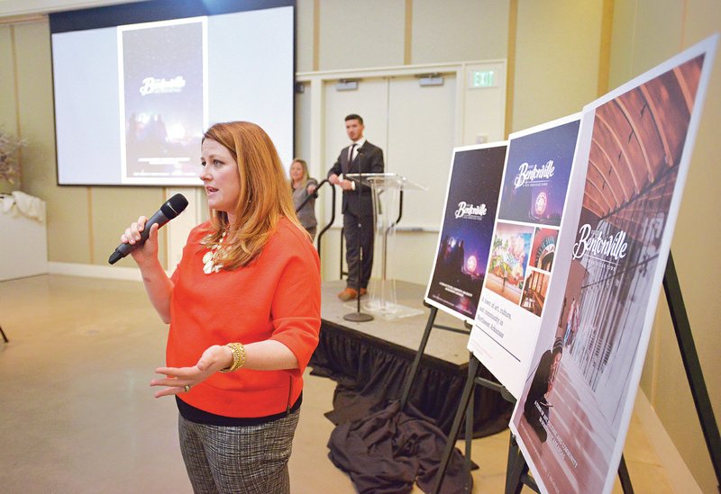 Blair Cromwell, vice president of communications for Visit Bentonville, talks Thursday about the new advertising campaign during a presentation launching the rebranding of Visit Bentonville at 21C Museum Hotel in Bentonville. Visit Bentonville was previously named the Bentonville Convention and Visitors Bureau.