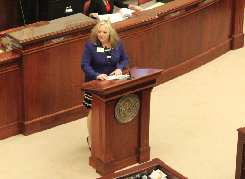 State Rep. Rebecca Petty, R-Rogers, presents House Bill 1315 Friday.