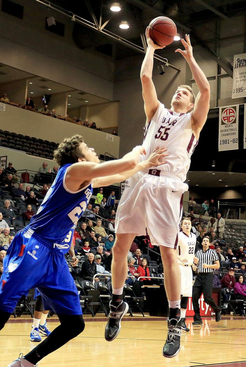 UALR’S Gus Leeper (55) finished with 4 points and 3 rebounds in 17 minutes to help UALR beat Georgia State 92-83 Thursday at the Jack Stephens Center in Little Rock.