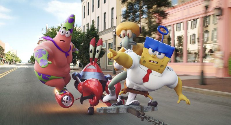 Patrick Star (from left), Mr. Krabs, Squidward Tentacles and SpongeBob SquarePants star in The SpongeBob Movie: Sponge Out of Water. It came in third at last weekend’s box office and made about $16.6 million.