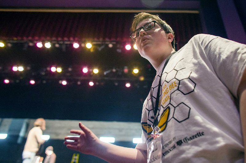 Arkansas Democrat-Gazette/MELISSA SUE GERRITS - 02/28/2015 - Jackson Parker speaks to media after winning the 2015 Arkansas State Spelling Bee at UCA in the Reynolds Performance Hall February 28, 2015. Parker will represent Arkansas in the upcoming Scripps National Spelling Bee in Washington DC. 