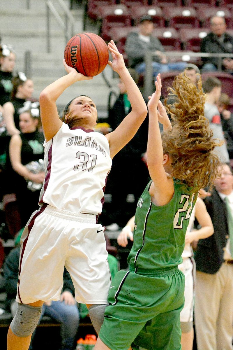 Bud Sullins/Special to Siloam Sunday Siloam Springs senior Mayse Pippin, left, goes up for a shot as Van Buren&#8217;s Halie Jennen defends Thursday at Panther Activity Center. Pippin scored 19 points in the Lady Panthers&#8217; 62-53 victory.
