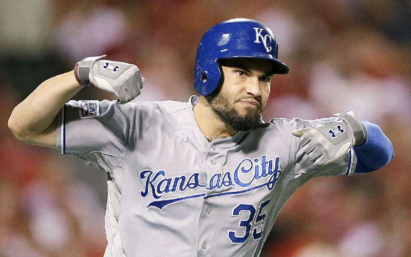 Kansas City Royals' Eric Hosmer celebrates his two-run home run against the Los Angeles Angels in the 11th inning of Game 2 of baseball's AL Division Series in Anaheim, Calif., Friday, Oct. 3, 2014.  (AP Photo/Gregory Bull)