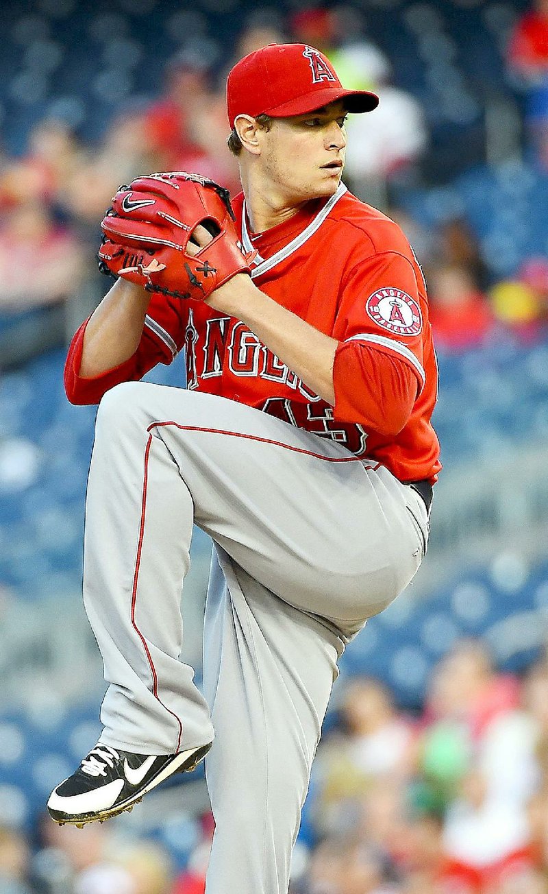Los Angeles Angels starting pitcher Garrett Richards (43) delivers against the Washington Nationals in the first inning at at Nationals Park in Washington, Monday, April 21, 2014. (Harry E. Walker/MCT)
