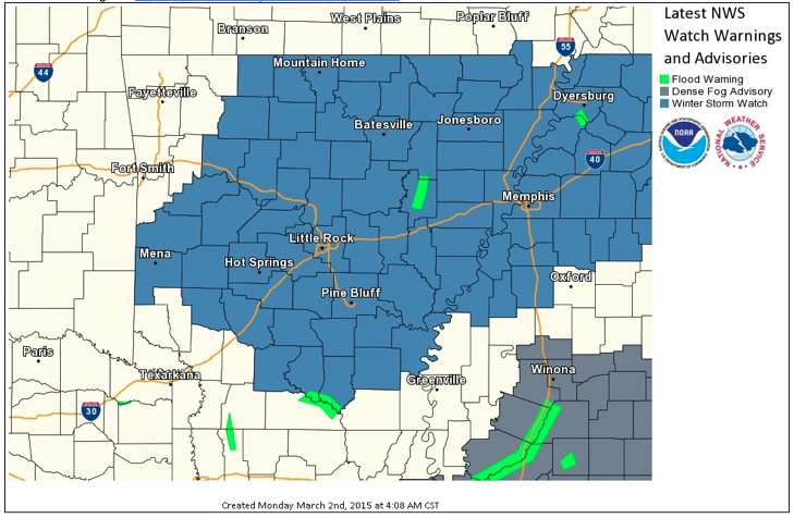 This National Weather Service graphic shows in blue counties set to go under a winter storm watch on Wednesday.