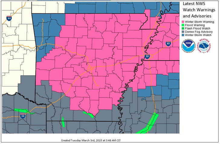 This National Weather Service graphic shows in pink the counties that will go under a winter storm warning on Wednesday.