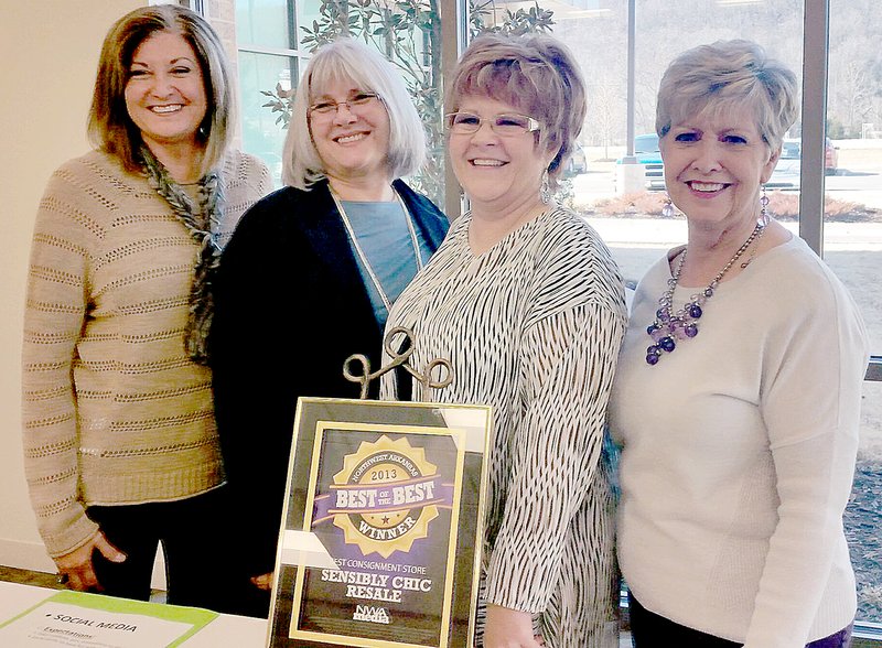 Submitted At a recent volunteers meeting, Dianne Laury, volunteers manager; Jennifer Lemerise, co-founder of Audrey&#8217;s Home of Hope, Rosie Tucker, founder of Sensibly Chic and manager of Audrey&#8217;s Resale Boutique, and Laurie Haluska, staging manager, proudly stand behind the Northwest Arkansas Best of the Best award that was presented to Rosie Tucker for the &#8220;Best Consignment Shop&#8221; in 2013.