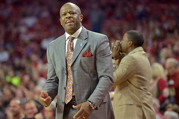 Arkansas coach Mike Anderson reacts to a call during a game against Mississippi State on Saturday, Feb. 7, 2015, at Bud Walton Arena in Fayetteville. 