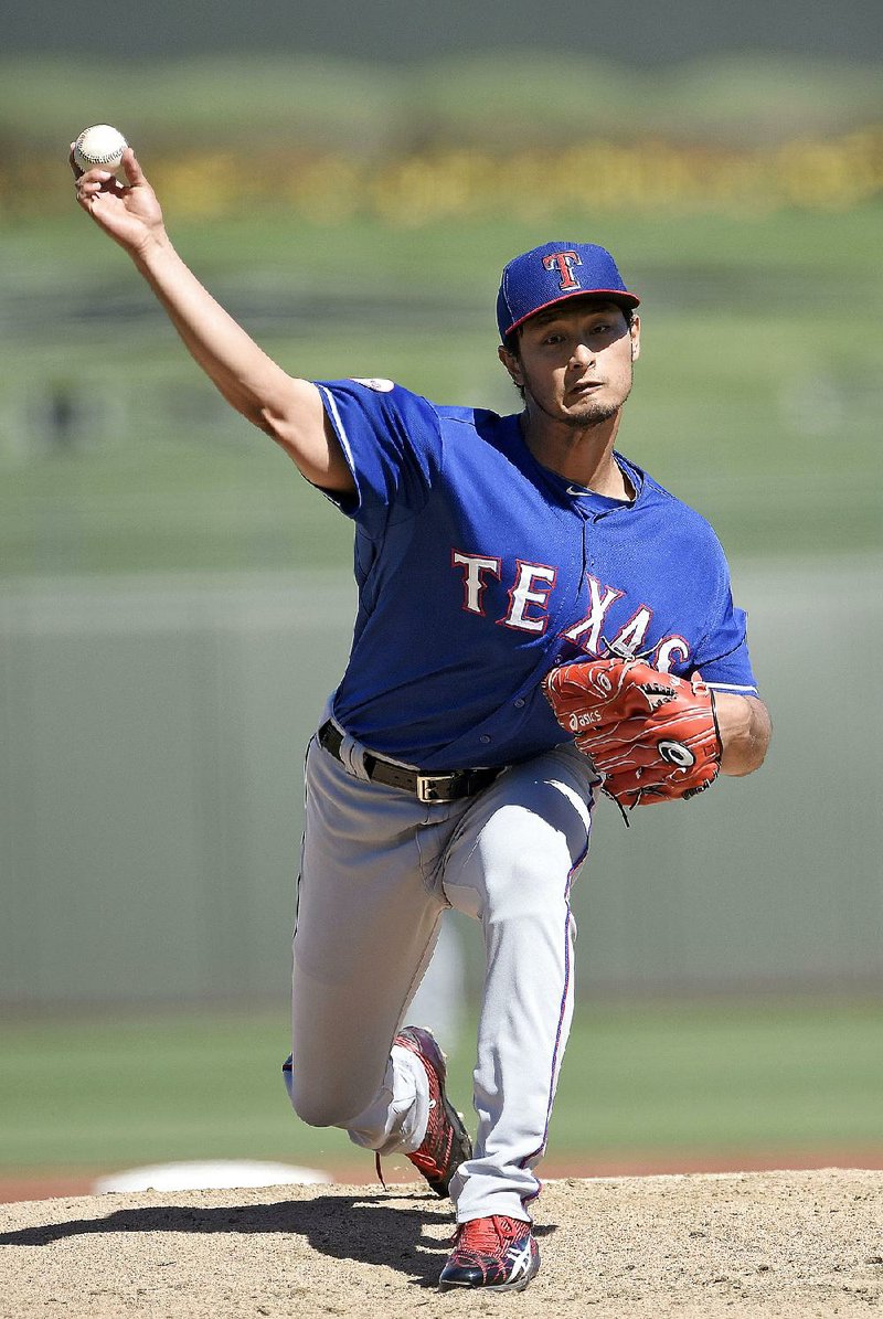 Yu Darvish, the Texas Rangers top starter who was shut down by the team in August for mild imflammation in his right elbow, lasted just 12 pitches into his first spring start, leaving with rightness in his right triceps after pitching a scoreless first inning.